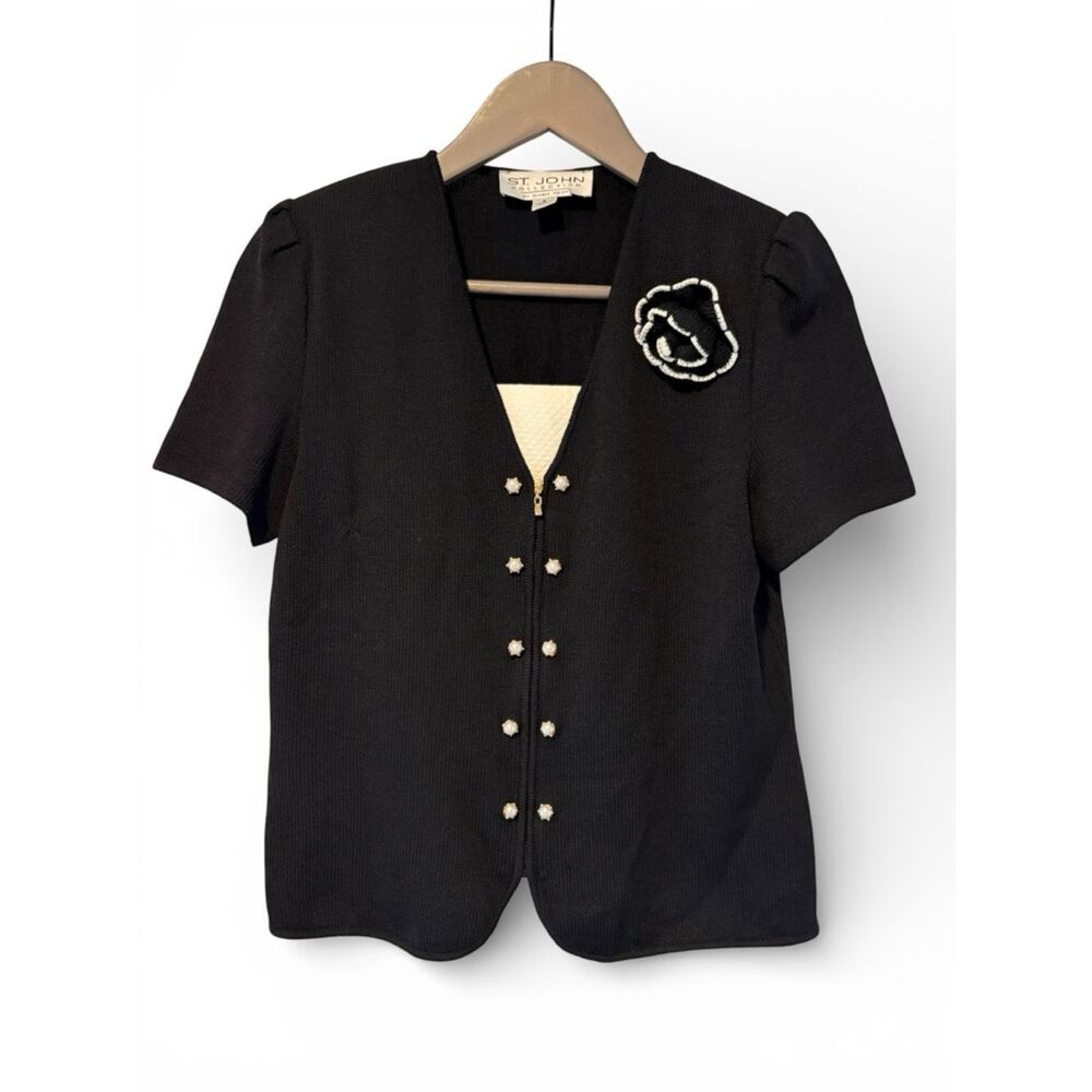 St. John Black Short Sleeve Satana Knit Jacket with Ivory Trim Flower Brooch